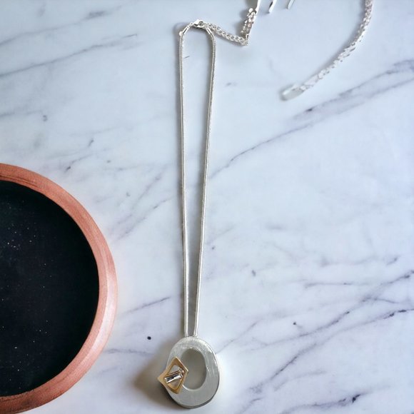 Necklace, Two Tone, Interlocking Oval/Square, Crystal, Snake Chain 24"-26" - Picture 4 of 6